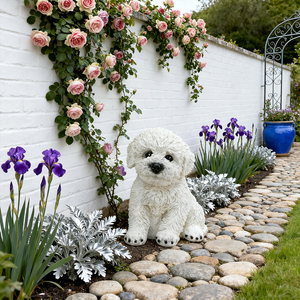Bichon Frise Figurines 6 Lifelike White Resin Puppy Statue for Outdoor Garden Decor