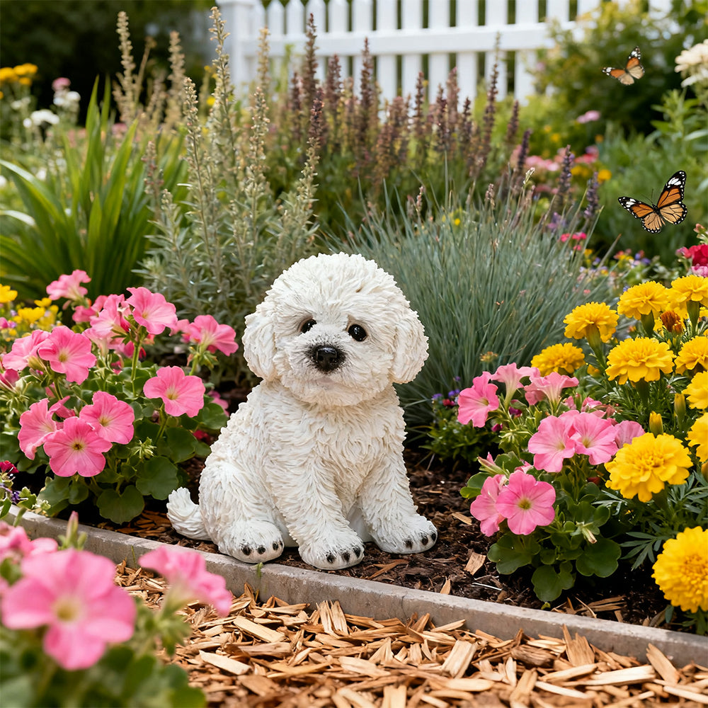 Bichon Frise Figurines 6 Lifelike White Resin Puppy Statue for Outdoor Garden Decor