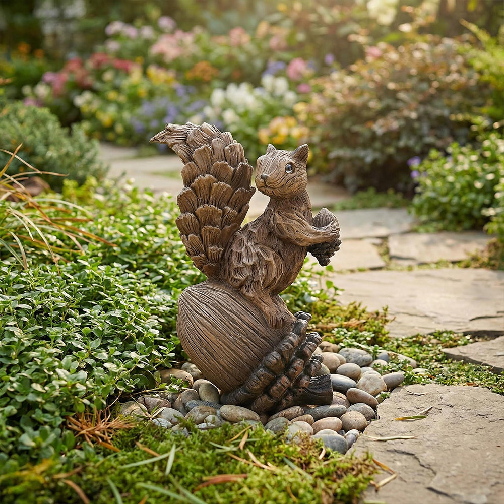 Resin Squirrel Figurine on Pinecone 8 Inch Woodland Animal Decorative Statue for Outdoor and Seasonal Use