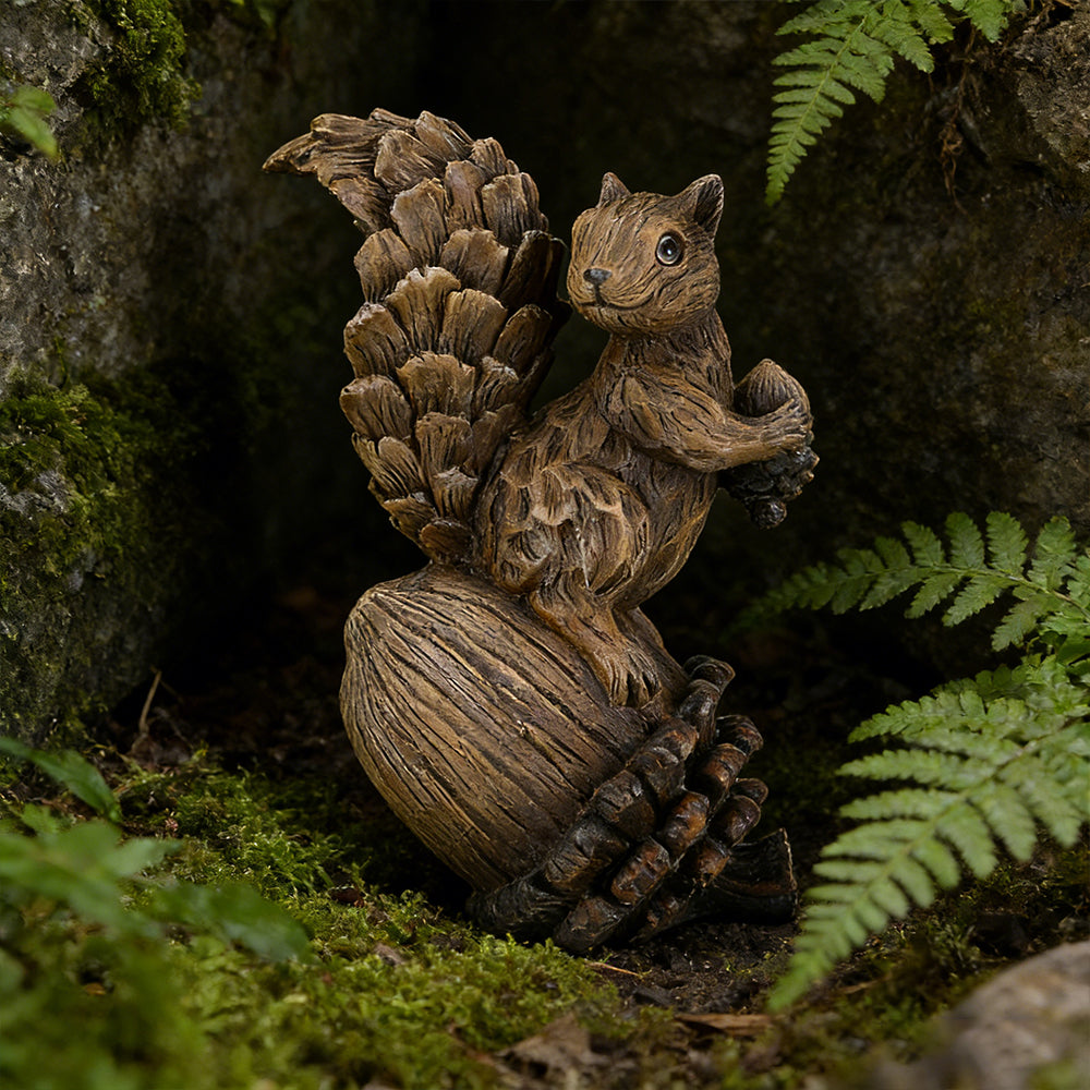 Resin Squirrel Figurine on Pinecone 8 Inch Woodland Animal Decorative Statue for Outdoor and Seasonal Use