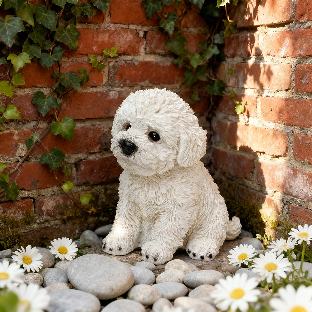Bichon Frise Figurines 6 Lifelike White Resin Puppy Statue for Outdoor Garden Decor