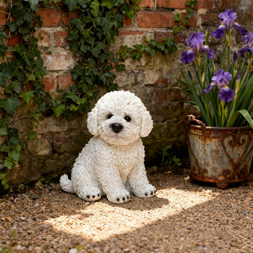 Bichon Frise Figurines 6 Lifelike White Resin Puppy Statue for Outdoor Garden Decor