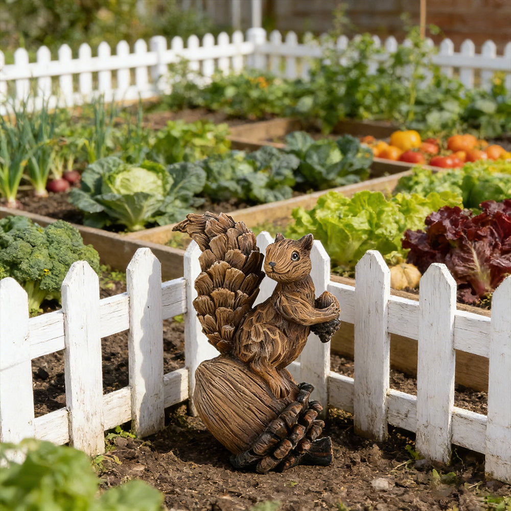 Resin Squirrel Figurine on Pinecone 8 Inch Woodland Animal Decorative Statue for Outdoor and Seasonal Use