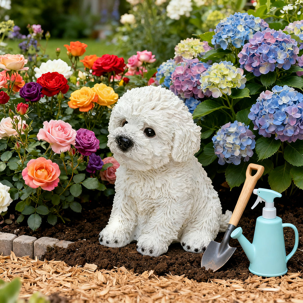 Bichon Frise Figurines 6 Lifelike White Resin Puppy Statue for Outdoor Garden Decor