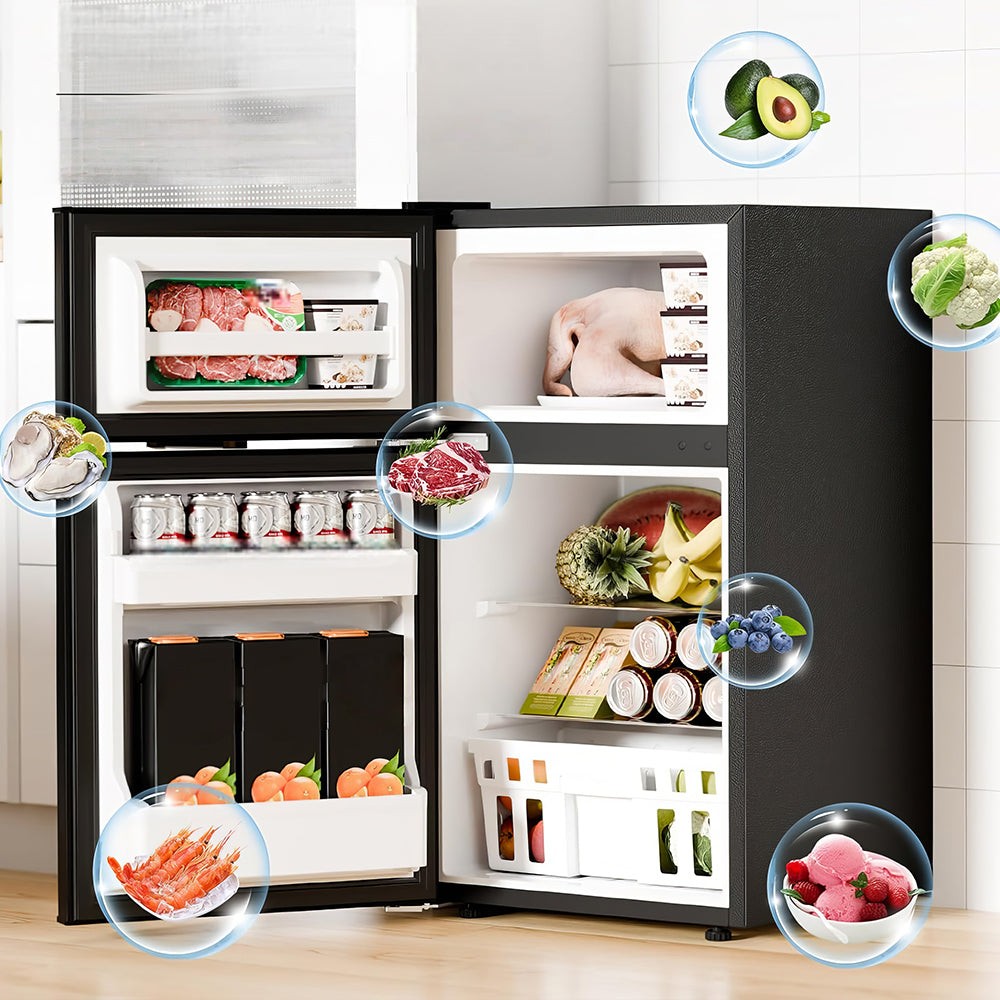 Energy Efficient Compact Refrigerator 3.2 Cu.Ft with Freezer, Adjustable Glass Shelves, Black Design