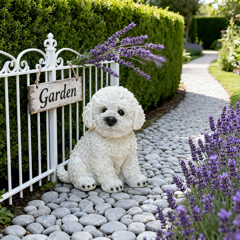 Bichon Frise Figurines 6 Lifelike White Resin Puppy Statue for Outdoor Garden Decor