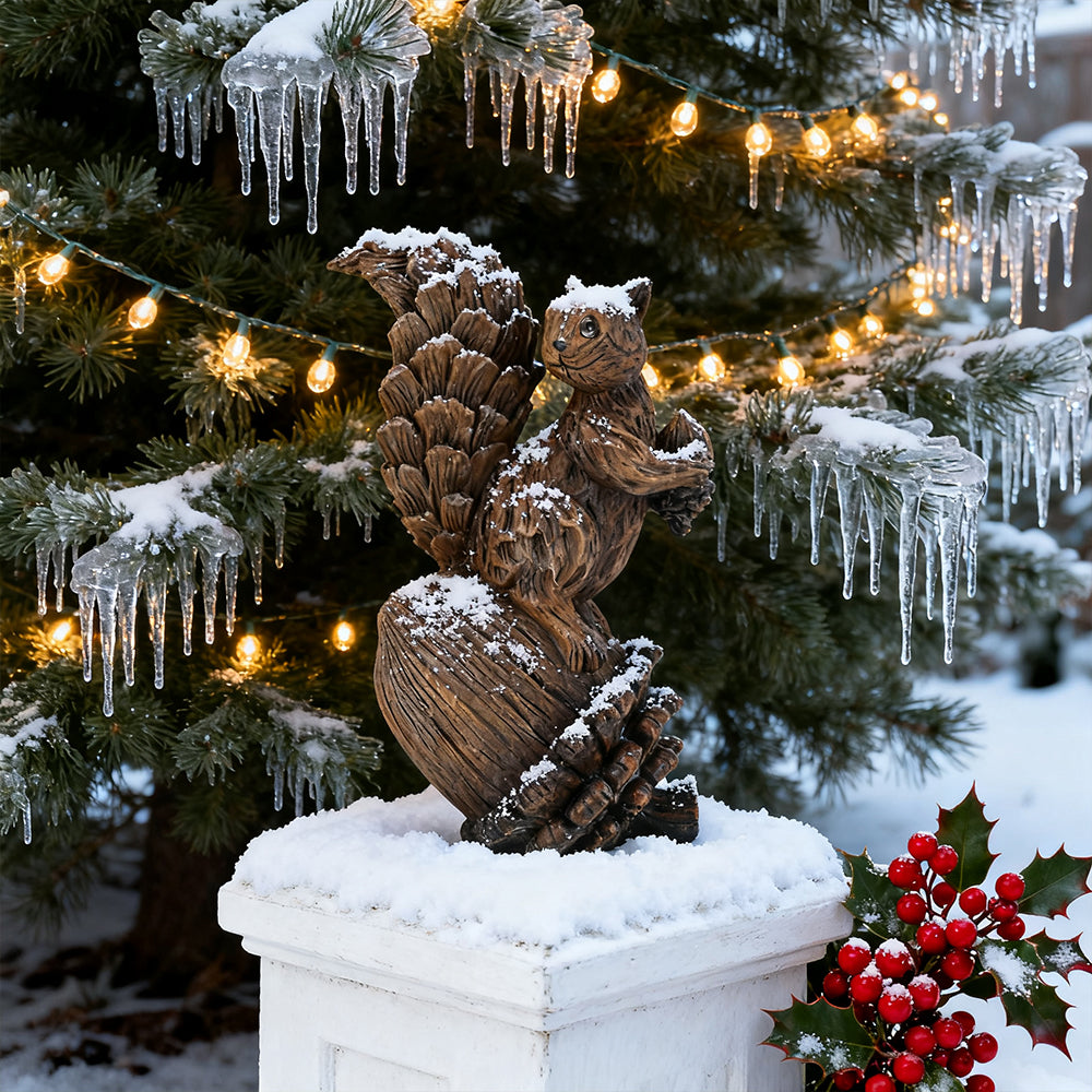 Resin Squirrel Figurine on Pinecone 8 Inch Woodland Animal Decorative Statue for Outdoor and Seasonal Use